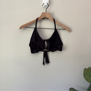 Vintage Ralph Lauren Bikini Swim Top Ruffle Halter Logo Back Gold Beach Pool EUC